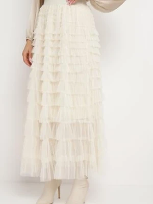 Beżowa Rozkloszowana Spódnica Maxi z Gumką w Talii i Falbankami Kashika