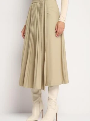 Beżowa Rozkloszowana Spódnica Midi Plisowana z Klamerką Faelannia