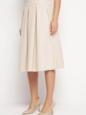 Beżowa Rozkloszowana Spódnica Midi z Gumką w Pasie Glorina lily rose