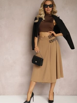 Beżowa Rozkloszowana Spódnica Midi z Gumką w Talii i Paskami z Imitacji Skóry Helemisia