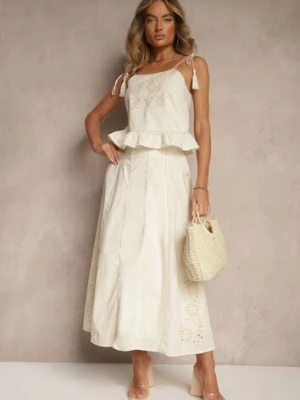 Beżowa Rozkloszowana Spódnica z Bawełny z Haftowanymi Detalami Tolanisse rosa