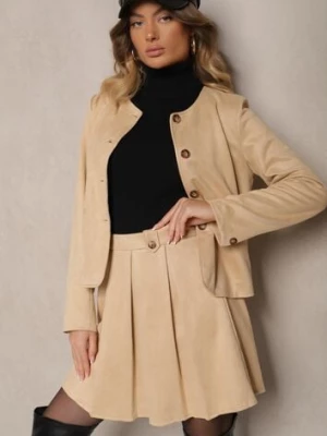 Beżowa Rozkloszowana Spódnica z Ekozamszu z Plisami w Stylu Preppy Sealia sophyline