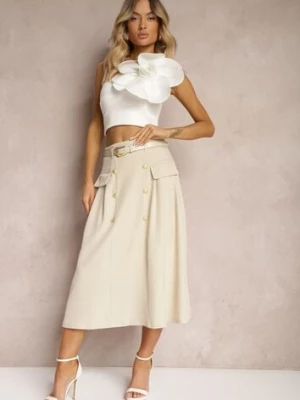 Beżowa Rozkloszowana Spódnica z Ozdobnymi Guzikami i Paskiem w Talii Vikkira elsa.m by may