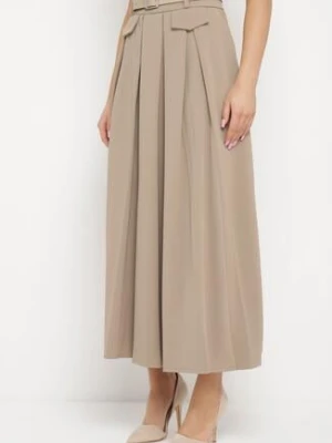 Beżowa Rozkloszowana Spódnica z Szerokimi Plisami i Paskiem w Komplecie Henlitta elsa.m by may