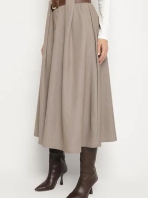Beżowa Rozkloszowana Spódnica z Wiskozą Zdobiona Paskiem z Klamrą Tinevia new collection