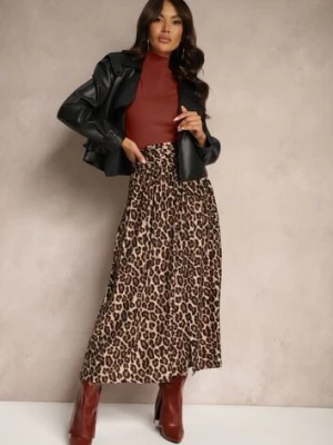 Beżowa Rozkloszowana Spódnica z Wiskozy w Panterkę High Waist z Gumką w Talii Vimashira belcci