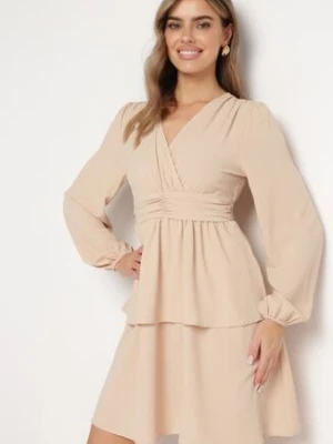 Beżowa Rozkloszowana Sukienka Koktajlowa z Falbankami i Marszczeniami Kierantes unigirl