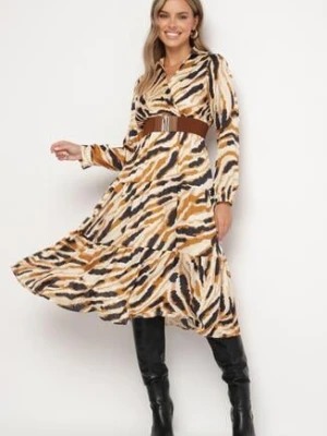 Beżowa Rozkloszowana Sukienka Kopertowa w Abstrakcyjny Wzór z Paskiem i Gumką w Talii Zinnaea rosa