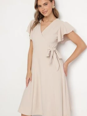 Beżowa Rozkloszowana Sukienka Kopertowa z Wiązaniem w Talii Dannila new collection