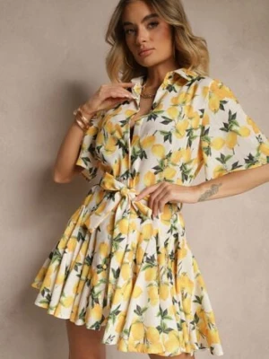 Beżowa Rozkloszowana Sukienka Koszulowa z Wiązanym Paskiem i Krótkim Rękawem Lavialane retro & icone