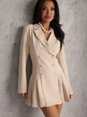 Beżowa Rozkloszowana Sukienka Marynarka VICES z Usztywnianymi Ramionami Ilarita