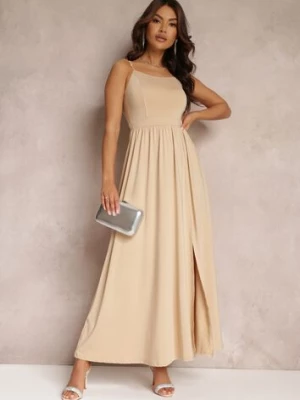 Beżowa Rozkloszowana Sukienka Maxi na Cienkich Ramiączkach z Rozporkiem Weslyn by swan