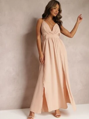 Beżowa Rozkloszowana Sukienka Maxi na Ramiączkach z Trójkątnym Dekoltem Claudi vices