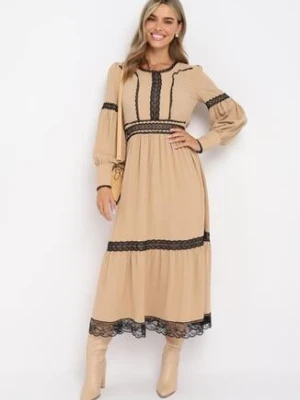 Beżowa Rozkloszowana Sukienka Maxi Ozdobiona Koronką z Mankietami Nimaga jusdepom
