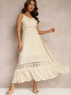 Beżowa Rozkloszowana Sukienka Maxi z Falbanką i Koronką Luluma elsa.m by may