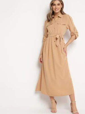 Beżowa Rozkloszowana Sukienka Maxi z Koszulową Górą i Wiązanym Paskiem Indiga j&x