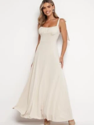 Beżowa Rozkloszowana Sukienka Maxi z Wiązanymi Ramiączkami Lisija allyson
