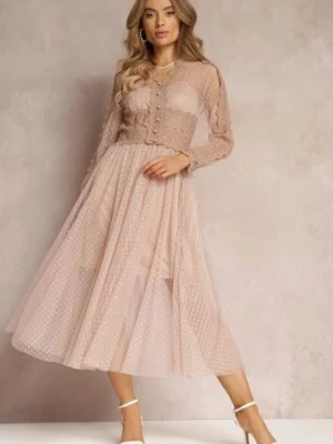 Beżowa Rozkloszowana Sukienka Midi z Tiulu z Koronką Rislaine elsa.m by may