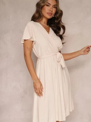 Beżowa Rozkloszowana Sukienka Midi z Wiązanym Paskiem Elemia cflo