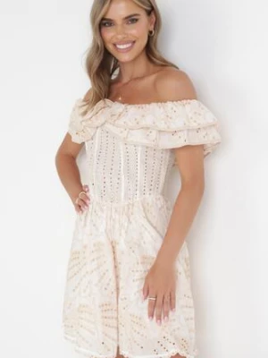 Beżowa Rozkloszowana Sukienka Mini Hiszpanka z Gumką w Pasie i Ozdobnym Haftem Lenia lovery