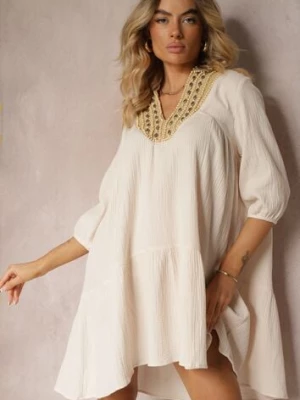 Beżowa Rozkloszowana Sukienka Mini Ozdobiona Plecionką Przy Dekolcie Rufta bisou's project