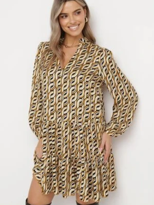 Beżowa Rozkloszowana Sukienka Mini z Falbanką Naike rosa