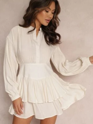 Beżowa Rozkloszowana Sukienka Mini z Falbankami i Stójką Iciana yu & me