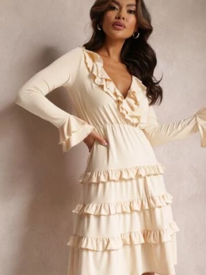 Beżowa Rozkloszowana Sukienka Mini z Gumką w Talii i Ozdobnym Dekoltem Agnena by swan