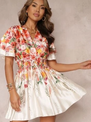 Beżowa Rozkloszowana Sukienka Mini z Kopertowym Dekoltem w Kwiaty Cecille allyson