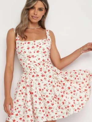 Beżowo-Różowa Rozkloszowana Sukienka na Ramiączkach w Drobne Kwiaty Amifea allyson