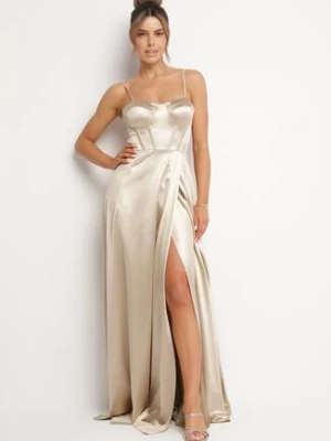 Beżowa Rozkloszowana Sukienka na Ramiączkach z Gorsetowym Wiązaniem Katilian allyson