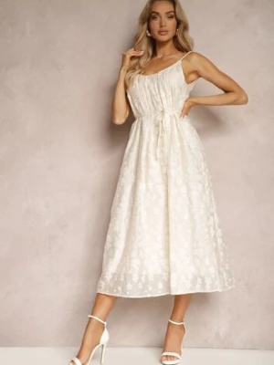 Beżowa Rozkloszowana Sukienka na Ramiączkach z Materiałowym Paskiem Zdobiona Cyrkoniami Torolia elsa.m by may