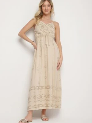 Beżowa Rozkloszowana Sukienka na Ramiączkach z Wiskozy Zdobiona Haftem Ulonelitia rosa