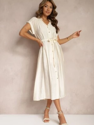 Beżowa Rozkloszowana Sukienka o Koszulowym Kroju Ozdobiona Paskiem w Talii i Guzikami Rosofia unigirl