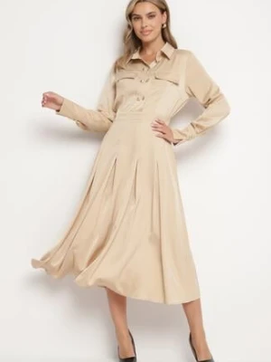 Beżowa Rozkloszowana Sukienka o Koszulowym Kroju z Imitacją Kieszeni i Gumką w Talii Rizza unigirl