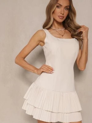 Beżowa Rozkloszowana Sukienka o Taliowanym Kroju z Plisami Sorviane lovery