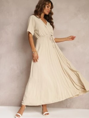 Beżowa Rozkloszowana Sukienka Plisowana z Wiązanym Paskiem Eilemona lily rose