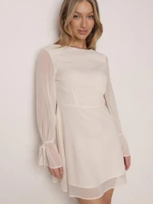 Beżowa Rozkloszowana Sukienka Vices z Bufiastymi Rękawami Eriane