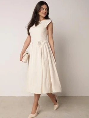 Beżowa Rozkloszowana Sukienka Vices z Dekoltem Typu Łódka Milasena