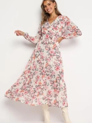 Beżowa Rozkloszowana Sukienka w Kwiaty Maxi z Gumką i Wiązaniem w Pasie Manirisa rosa