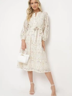 Beżowa Rozkloszowana Sukienka w Kwiaty z Paskiem w Talii Dimtia bisou's project