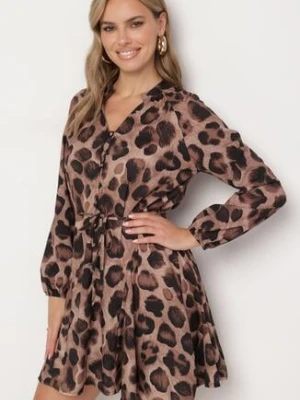 Beżowa Rozkloszowana Sukienka w Panterkę z Guzikami i Wiązaniem w Talii Morila lovery