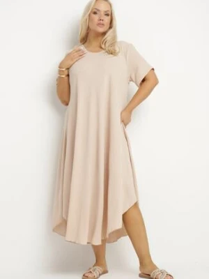 Beżowa Rozkloszowana Sukienka z Bawełną Elzedia j&x