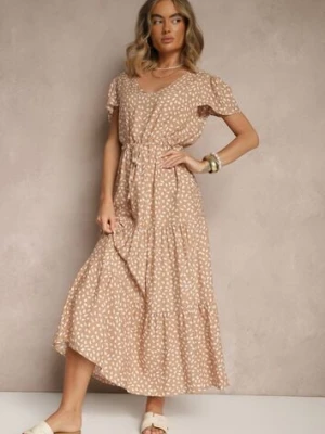 Beżowa Rozkloszowana Sukienka z Bawełną i Geometrycznym Motywem Mevelaia j&x