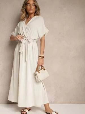 Beżowa Rozkloszowana Sukienka z Bawełną i Paskiem Lunapinia j&x