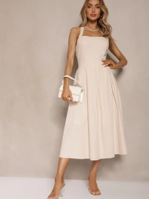 Beżowa Rozkloszowana Sukienka z Bawełną i Wiskozą na Szyję Kinulia elsa.m by may