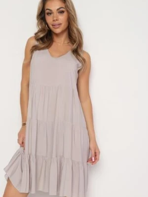 Beżowa Rozkloszowana Sukienka z Bawełny na Ramiączkach Zasea