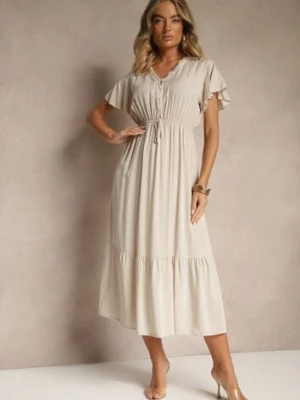 Beżowa Rozkloszowana Sukienka z Bawełny Zdobiona Guzikami Folennea defox