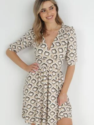 Beżowa Rozkloszowana Sukienka z Bufiastymi Rękawami w Geometryczny Wzór Avory by swan