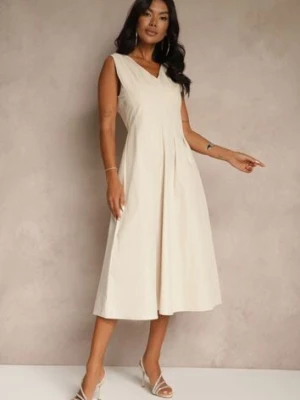 Beżowa Rozkloszowana Sukienka z Dekoltem w Kształcie Litery V Agilia bisou's project